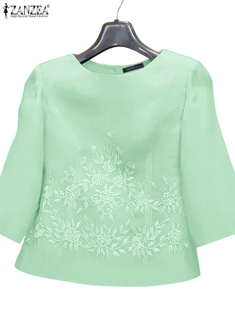 Vintage Tops Driekwart Tuniek Vrouwen Geborduurde Blouse ZANZEA 2025 Elegante Stijl Blusas Gedrukt Zomer O Hals Trui Baggy