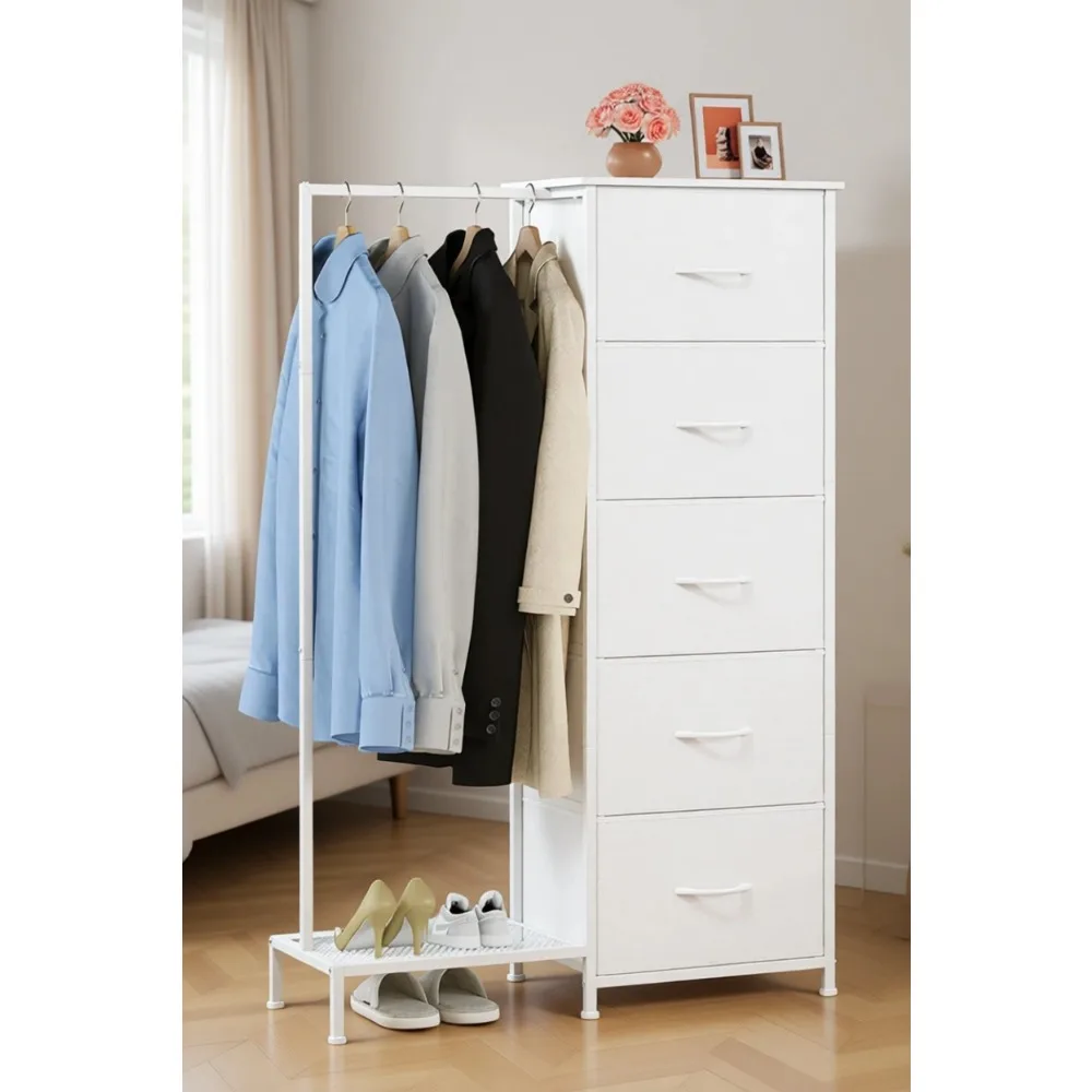 

Tall Reversible Dresser with Hanging Rack and Five Drawers Compact Bedroom Storage Unit White Faux Leather