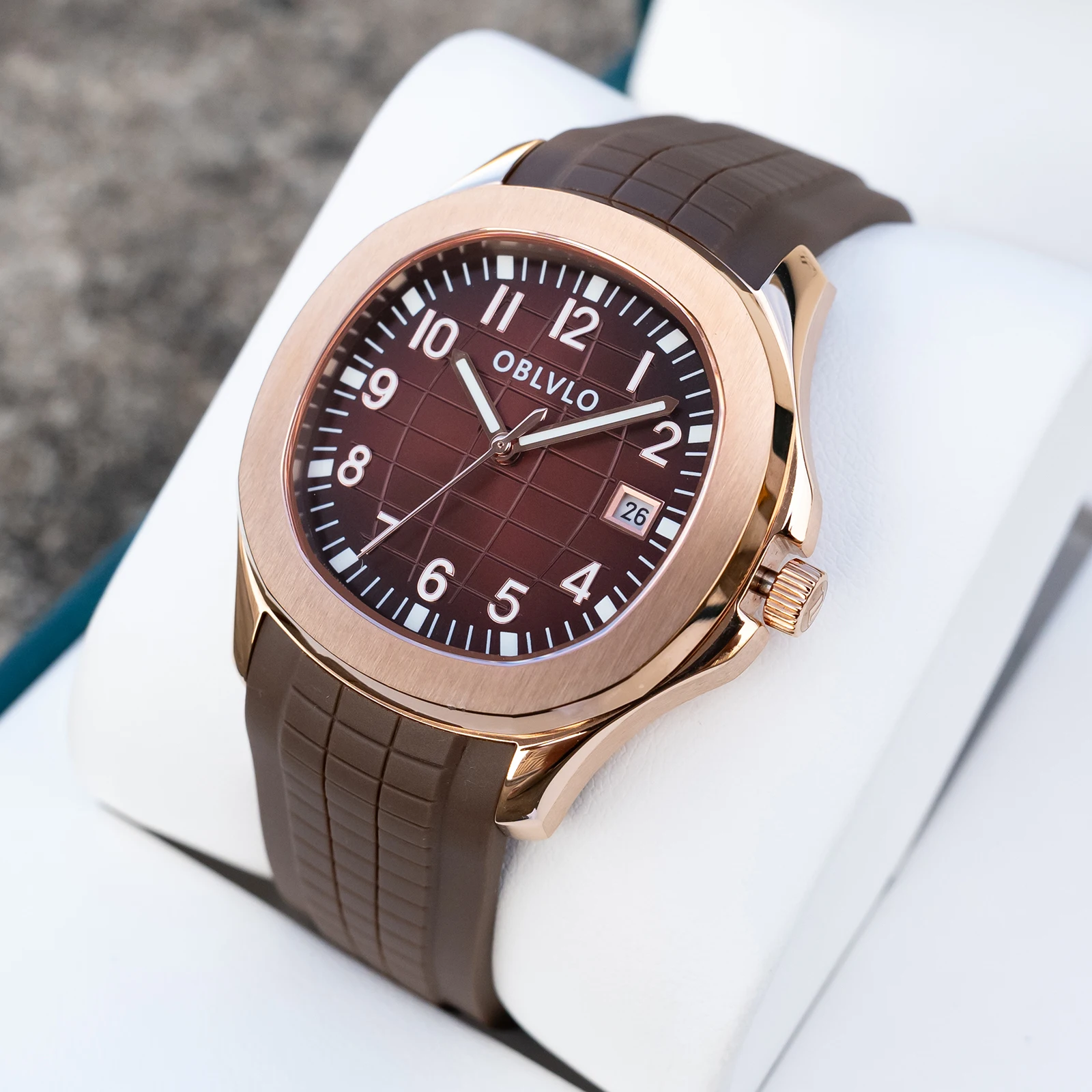 OBLVLO Fashion Mechanical Automatic Watch Brown Dial with Date Luminous Brown Rubber Band Casual Designer FM-SL