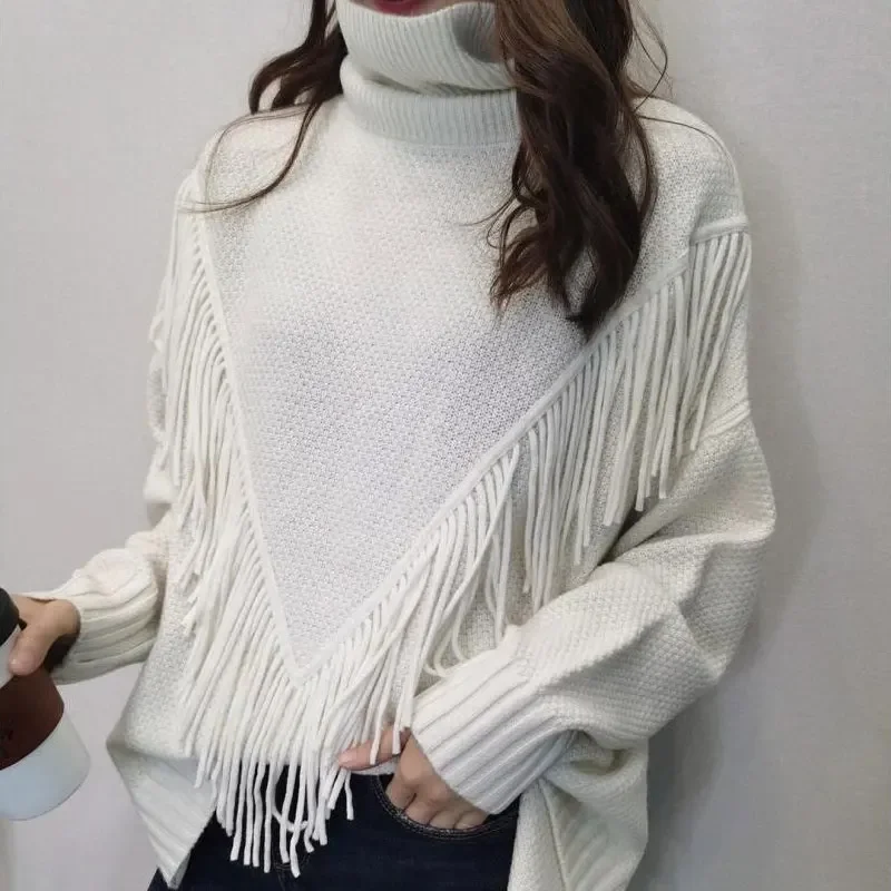 

Commute Turtleneck Knitted Sweaters Autumn Winter Stylish Tassel Female Clothing Casual Long Sleeve Basic Solid Color Jumpers N1