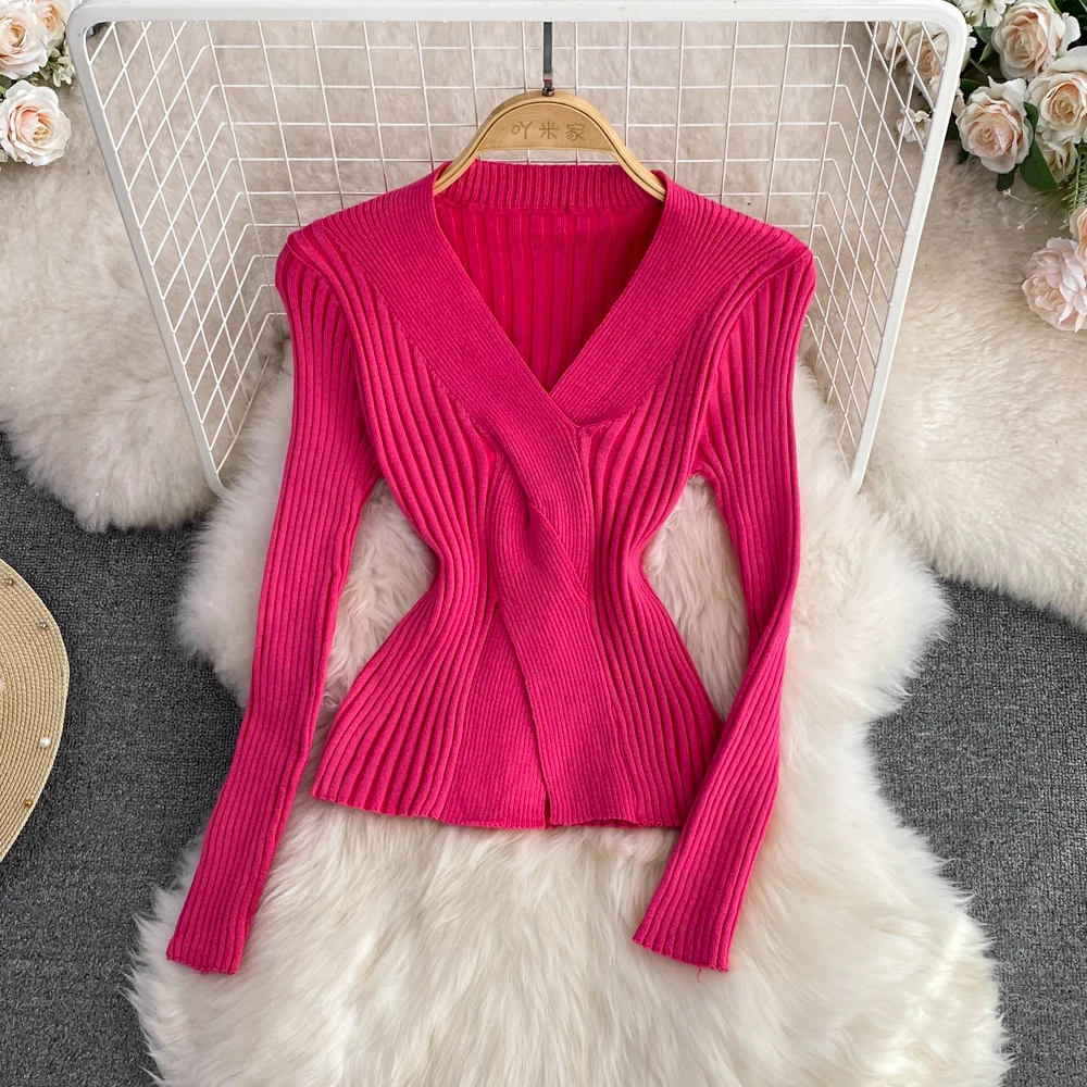 

Autumn Winter Cross V Neck Bottoming Shirts Women Solid Color Slim Slit Pullover Knitted Sweater Simple All-matched Knitshirts