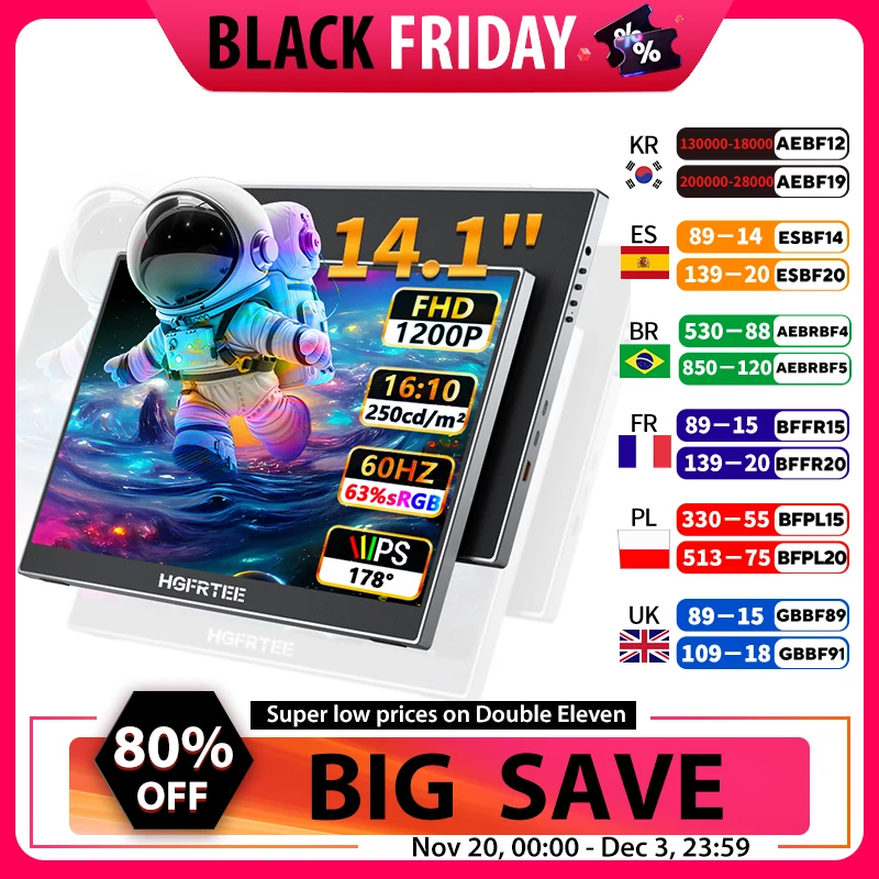HGFRTEE 14.1Inch Portable Monitor for Laptop 1200P FHD IPS 16:10 External Display USB-C/Mini HDMI for PC Phone Xbox PS4/5 Switch