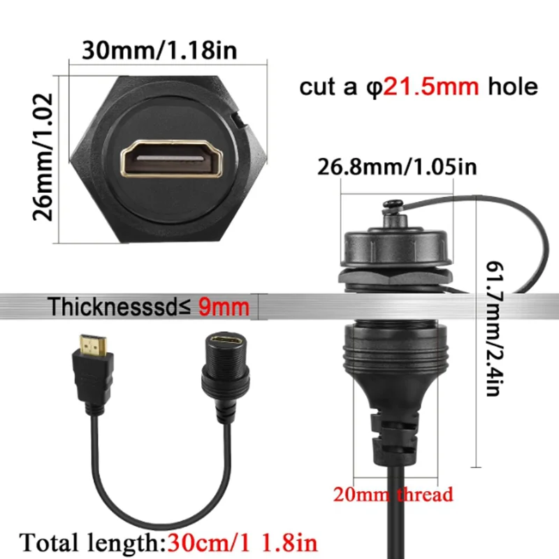 4K HDMI Male to Female Threaded Fixed Mount HD Display Waterproof Cable Car Dash Mount Extension Cord Panel Mount Socket