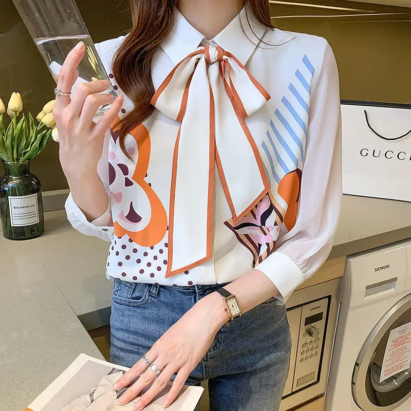 Elegant Lapel Printed Lace Up Bow Shirt Women\'s Clothing 20223Autumn New Loose Casual Tops All-match Office Lady Blouse