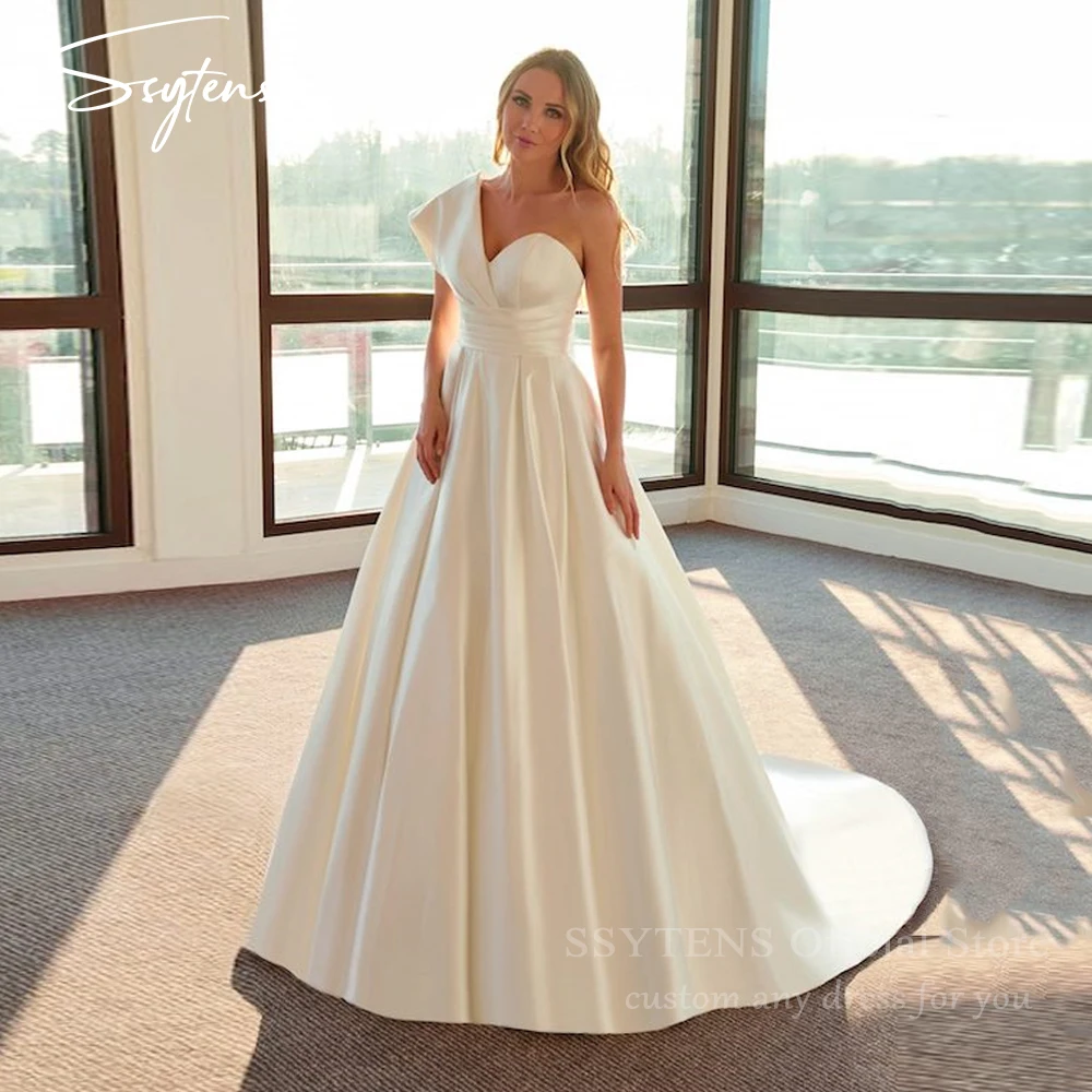 

SSYTENS Classic A Line Wedding Dresses Simple Elegant Satin One Shoulder Brides Gown Wedding Party Dress Bridal Dress Customized