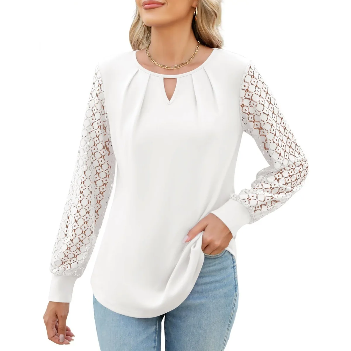 Women Hollow Out New Knitted Lace Stitching Long Sleeve Round Neck T Shirt Top Blouse