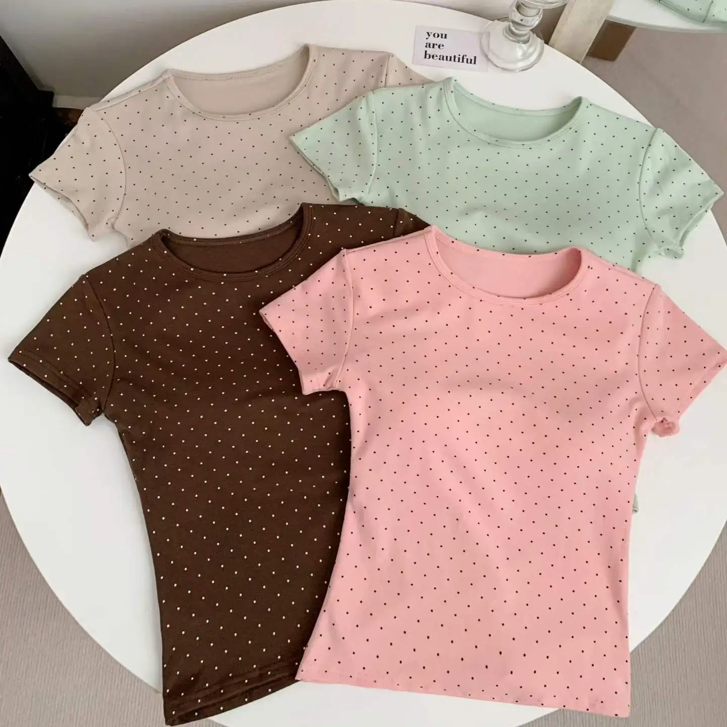 Summer New Sexy Polka Dot Print Splice round Neck Short Sleeve T Shirt Women Slim Fit Short Style Fixed Belt Chest Pad Top