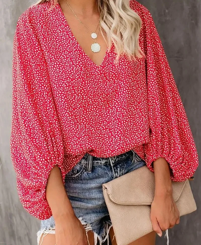 

New European and American Spring/Summer/Autumn V-neck Casual Shirt Printed Lantern Sleeve Top Women's