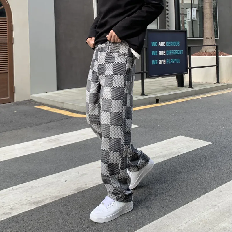 

American High Street Jeans Men's Plaid & Printed Fashion Design Loose Personality Street Straight Wide Leg Hip Hop Pants