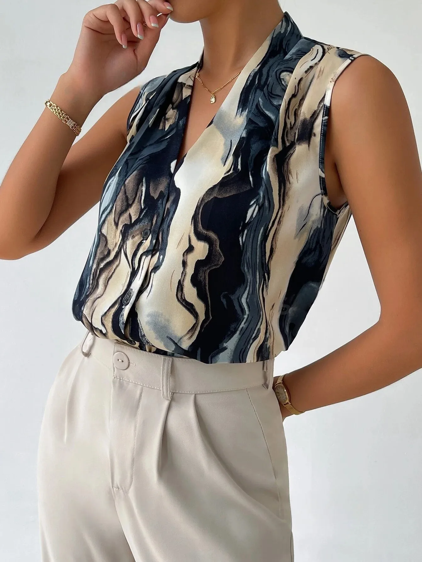 Ladies Marble Print Button Front Work Women Shirts Blouse Tops