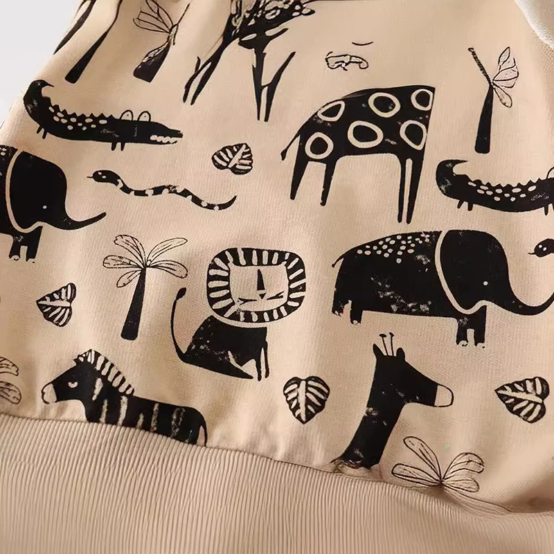 سويت شيرت للأطفال بأكمام طويلة باللون البيج مع مطبوعات حيوانات سوداء (الزرافة والحمار الوحشي والفيل وما إلى ذلك) مناسبة للأعمار 2-7 سنوات