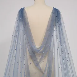 Customized Light Gray Blue Pearls Wedding Cape Romantic 3 Meters Long Shoulder Veil with Pins Bridal Bolero Wedding Accessories