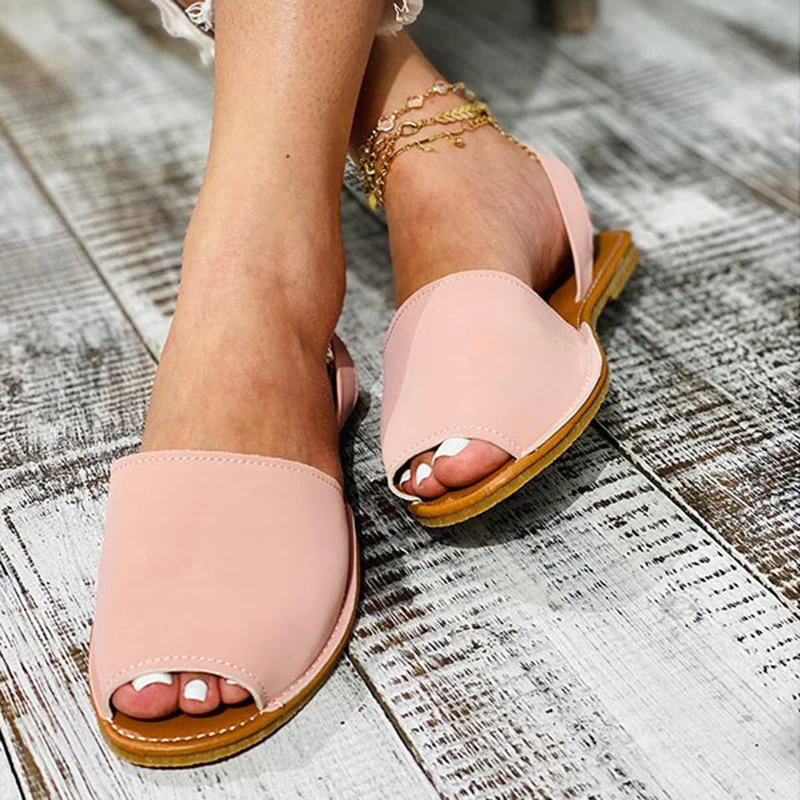 Faux Leather Peep-toe Sandals For Women Fish Mouth PU Shoes Summer Beach Flat Heel Shoes 2023 New Ladies Flats Slippers