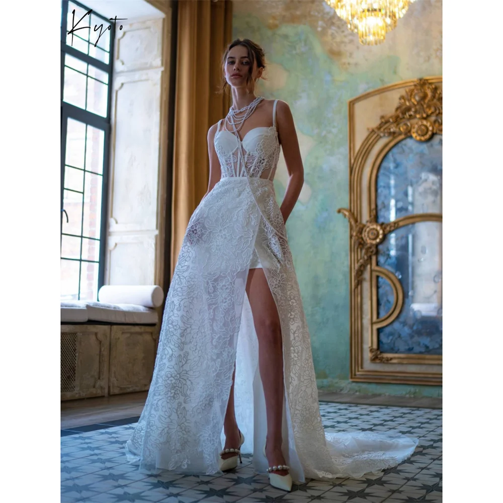 ชุดแต่งงานทรงเอไลน์สไตล์วินเทจลายลูกไม้แบบกำหนดเองจากกิวโต สายเดี่ยวแบบสปาเก็ตตี้ คอร์เซ็ท พร้อมกระโปรงแบบถอดได้ ชุดราตรีสำหรับงานพิธีการ