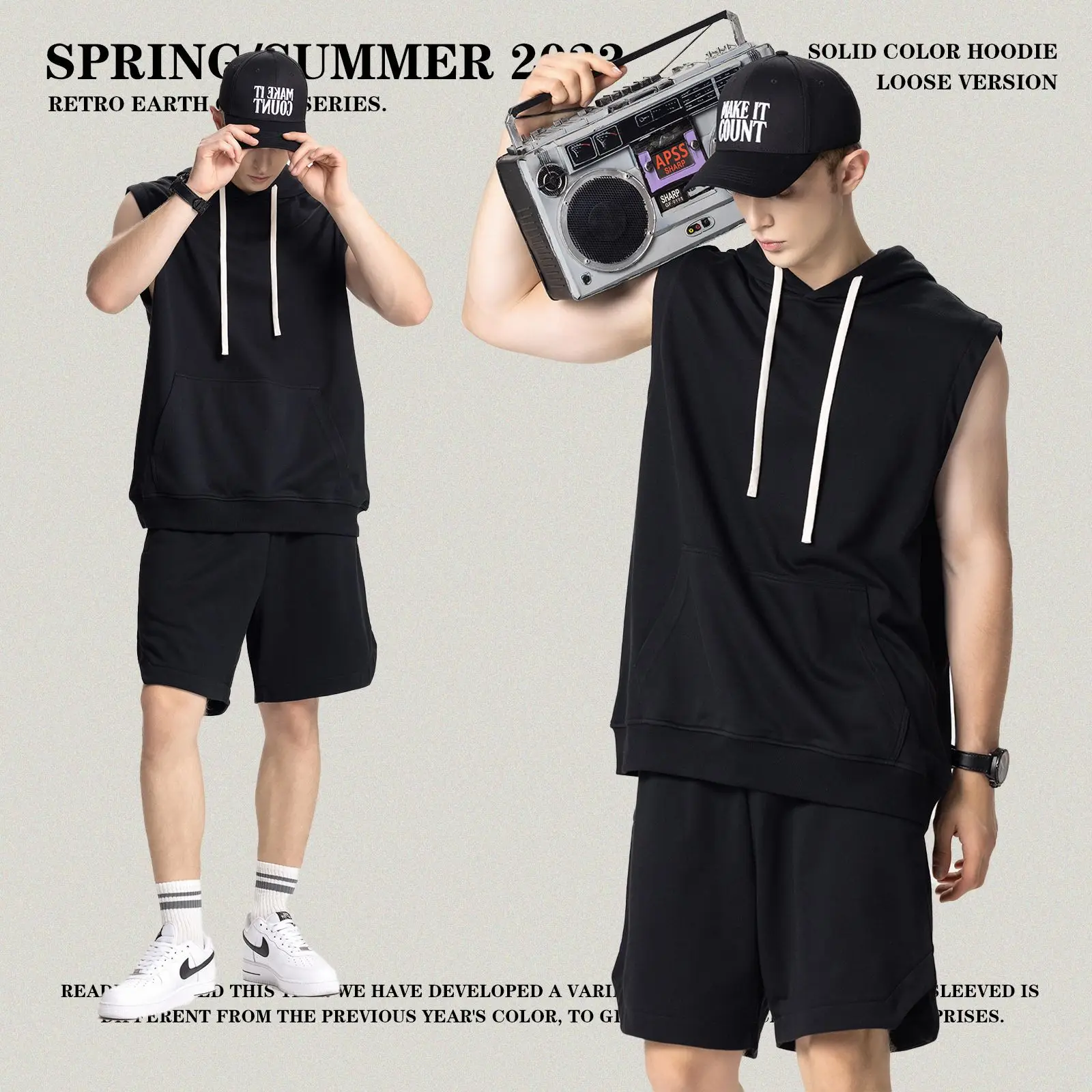 Tank Top Men's spring summer hooded casual teen hip hop fashion clothing Unisex hooded sleeveless T-shirt vest casual couple