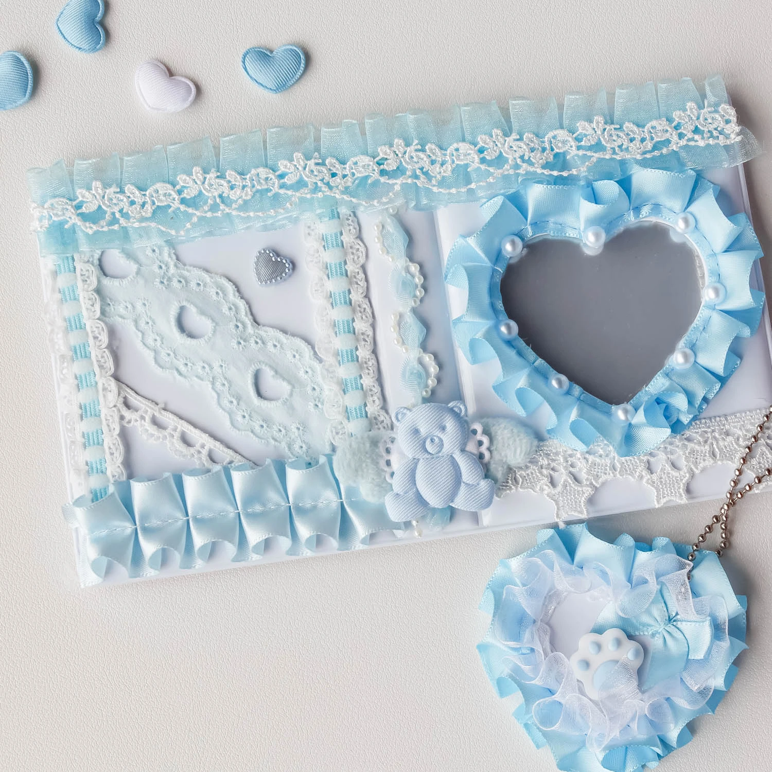 

Kpop Photocard Binder Kawaii Blue Bear Album 3 Inch Card Holder 36 Pockets Handmade Lace Toploader Protector with Keychain