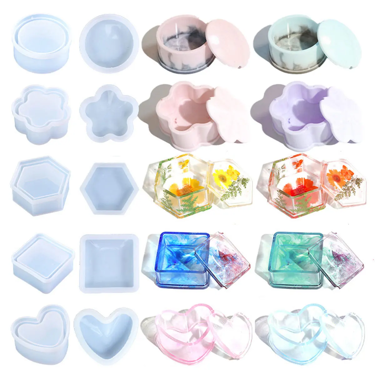 

Epoxy Resin Casting Silicone Mold DIY Heart Flower Round Container Jewelry Storage Box Handicrafts Home Decoration Festival Gift