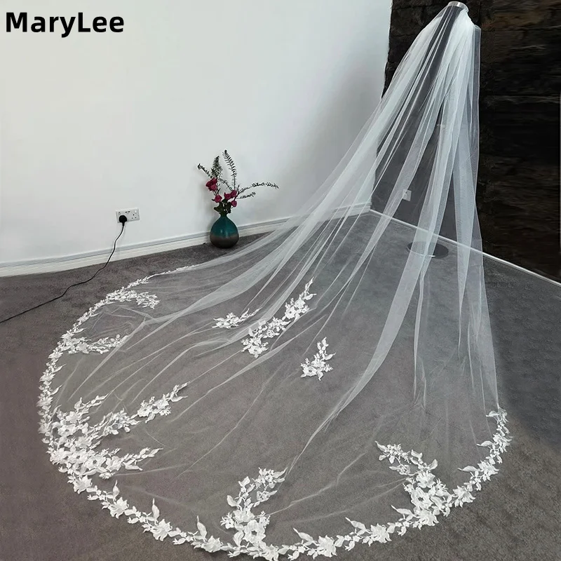 Romantic Floral Appliques Wedding Veil with Comb 1 Layer Cathedral Woodland 3M Long White Ivory Bride Headpieces Bridal Veils