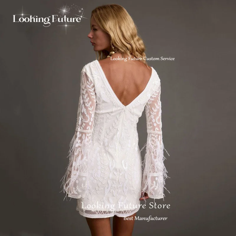 غمد الحديث البسيطة طويلة الأكمام شرابة الدانتيل يزين فستان الزفاف مثير الخامس الرقبة عارية الذراعين الوهم فستان زفاف قصير مخصص