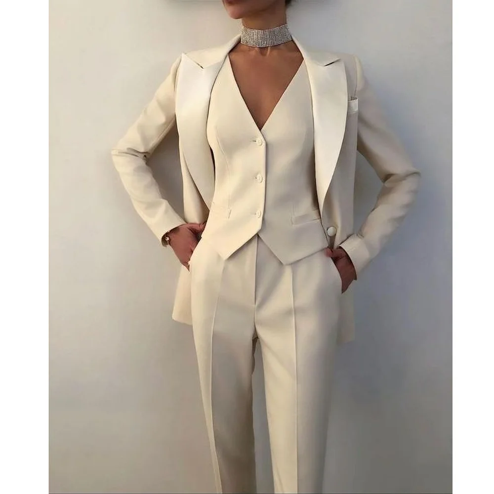 Elegant Solid Women Suits 3 Piece Fashion Peak Lapel One Button Outfits Daily Casual Formal Pants Sets (Blazer+Vest+Pants)