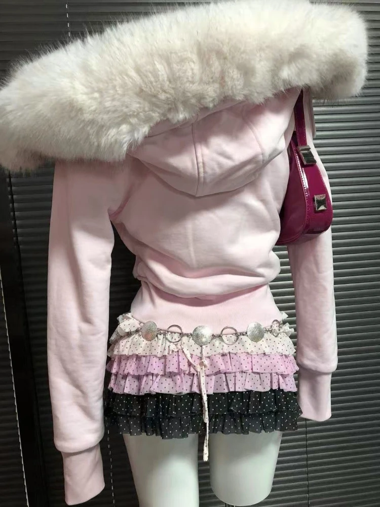 الجمالية خمر معطف مقنع ضئيلة النساء الشتاء Y2k ريترو 2000s سستة الفراء طوق هوديس الكورية الشارع الشهير الملابس 2025 جديد