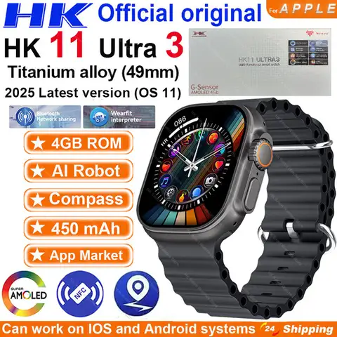New HK11 ULTRA 3 Smartwatch 2025 49mm AMOLED 4G ROM AI Chat Robot Bluetooth Network Call Clock NFC Compass Smart Watch Men Women