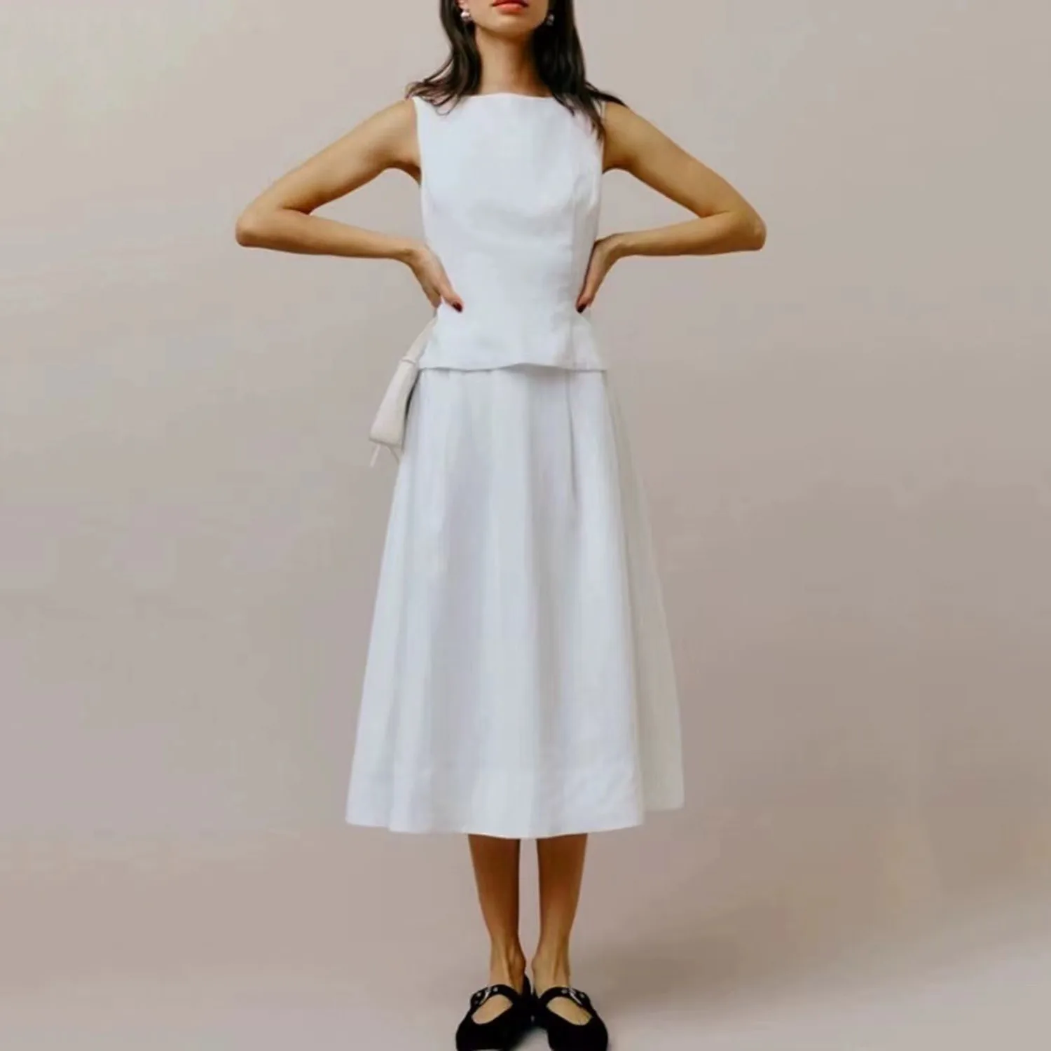 Summer 24ss New REF*Temperament Elegant Sleeveless Tops Women Mid-length A-line Skirt With The Same Two-Piece Suit Skirt