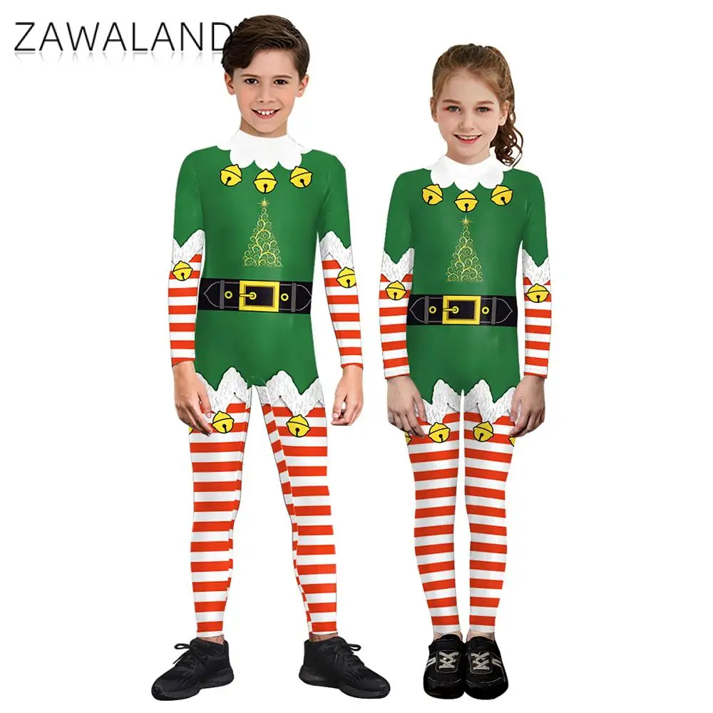 

Christmas Costumes Boys Girls Jumpsuits Green Santa Claus Elf Print Cosplay Bodysuit Xmas Holiday Stage Performance Dress Up