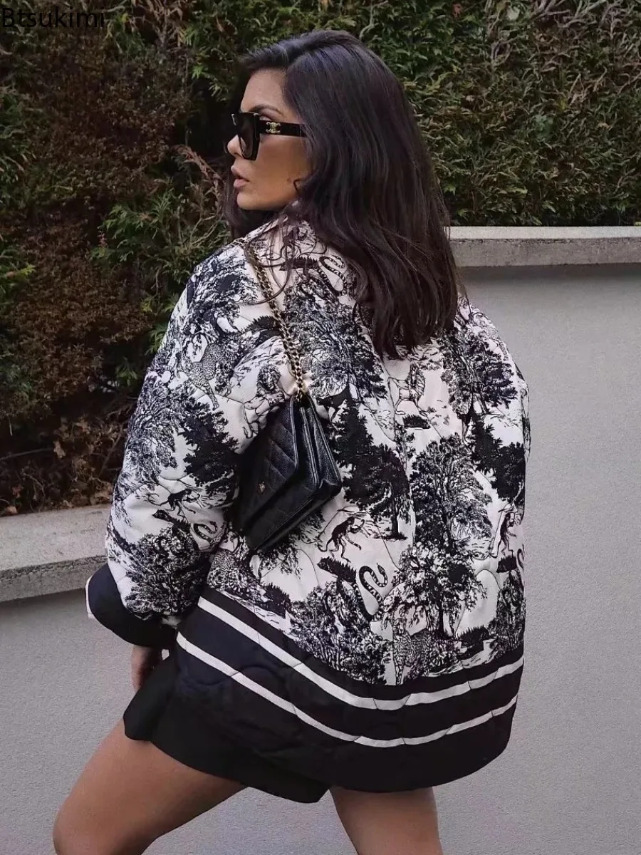 Vintage Quilted Jacket Women Lapel Printed Cotton Coat Winter Warm Pocket Cardigan Coat Long Sleeve Scarf Collar Warm Outwear