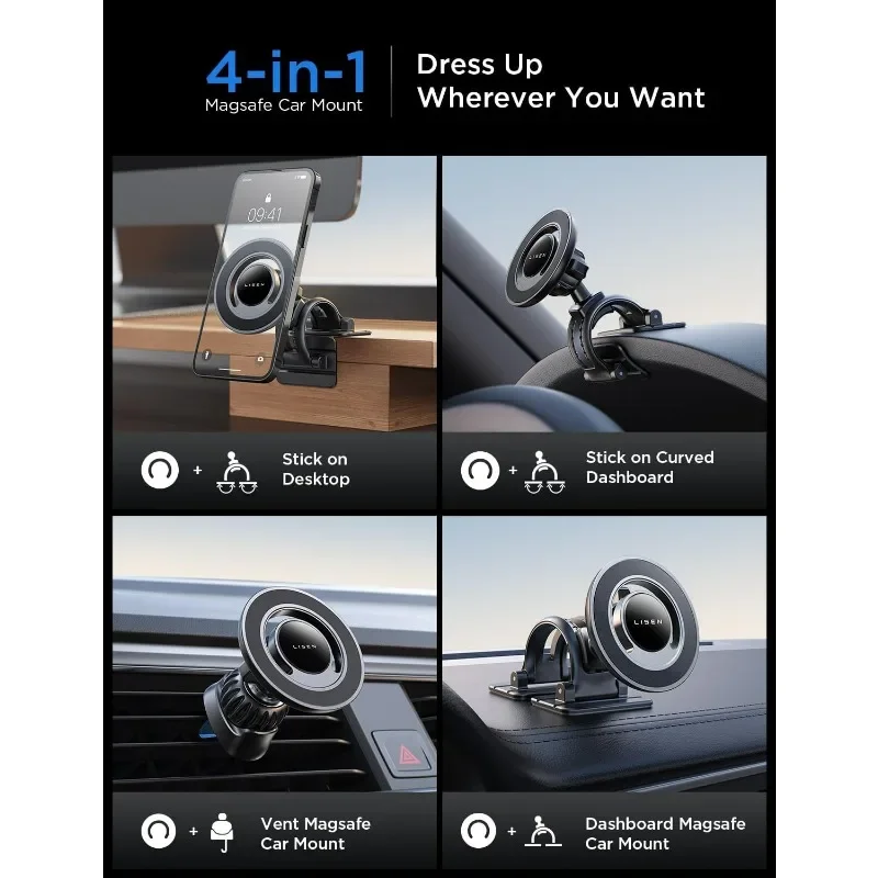 LISEN Fits MagSafe Car Mount Phone Holder, Dashboard Vent iPhone 16 Car Mount Holder Car Accessories for iPhone 16 15 14 13