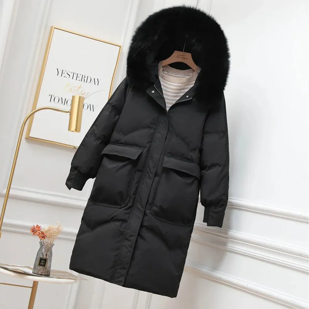 New Female Down Jackets Winter New White Duck Down Large Size Long Hat Big Fur Collar Thickened High-Grade Warm Coats Women