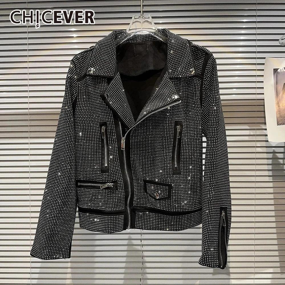 

CHICEVER уличная лоскутная модная куртка на молнии для женщин с лацканами и длинными рукавами, однотонные пальто с бриллиантами, женская одежда, новинка