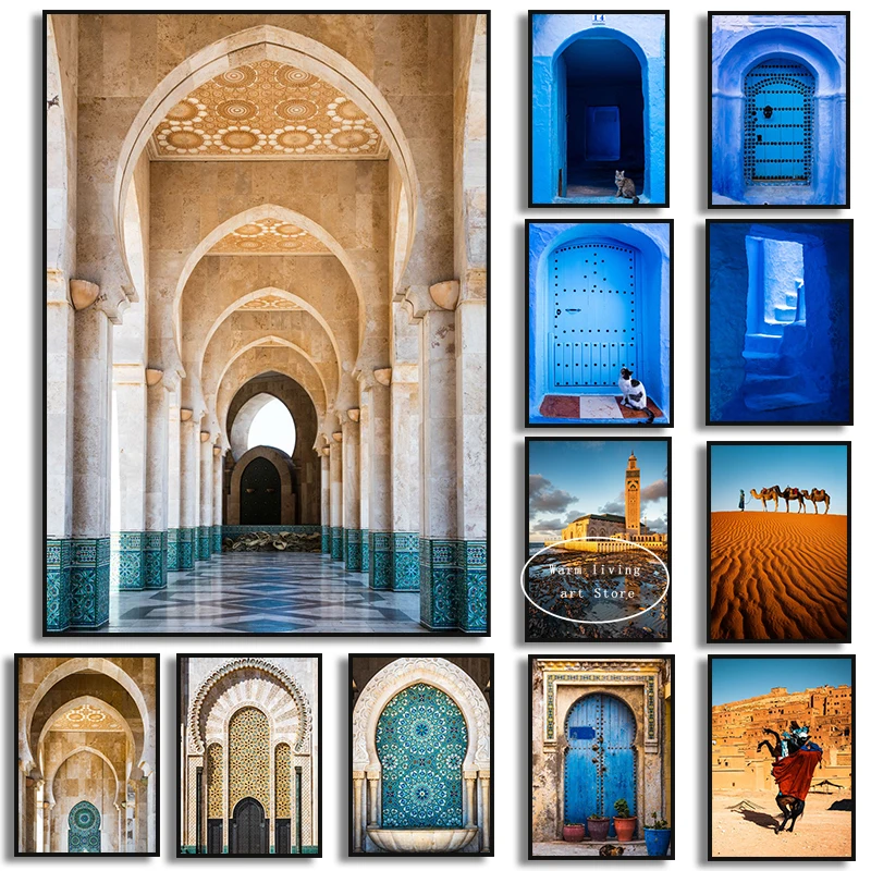 Nordic Morocco Door Blue Door World Famous Architecture Camel Desert Posters Art Pictures Print Room Canvas Painting Home Decor