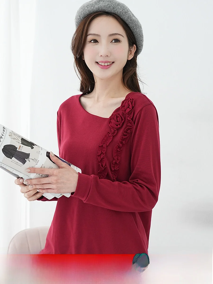 

Autumn Winter Slimming Large Size Top with oulder Decoration Long Sve Ladies Commute Sle Korean Loose Fit Cotton Tirt