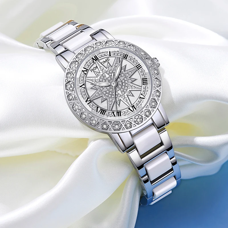 ROMITIME Mulheres Relógio de Quartzo Luxo Rotativo Padrão de Floco de Neve Caixa de Aço Inoxidável 30M Relógios Luminosos À Prova D 'Água para Senhora