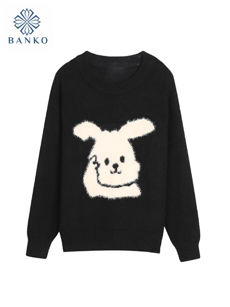 

High Quality Cartoon Rabbit Print Sweaters Women Korean O-Neck Knitted Oversize Pullover Vintage Casual Loose Jumper New Trend