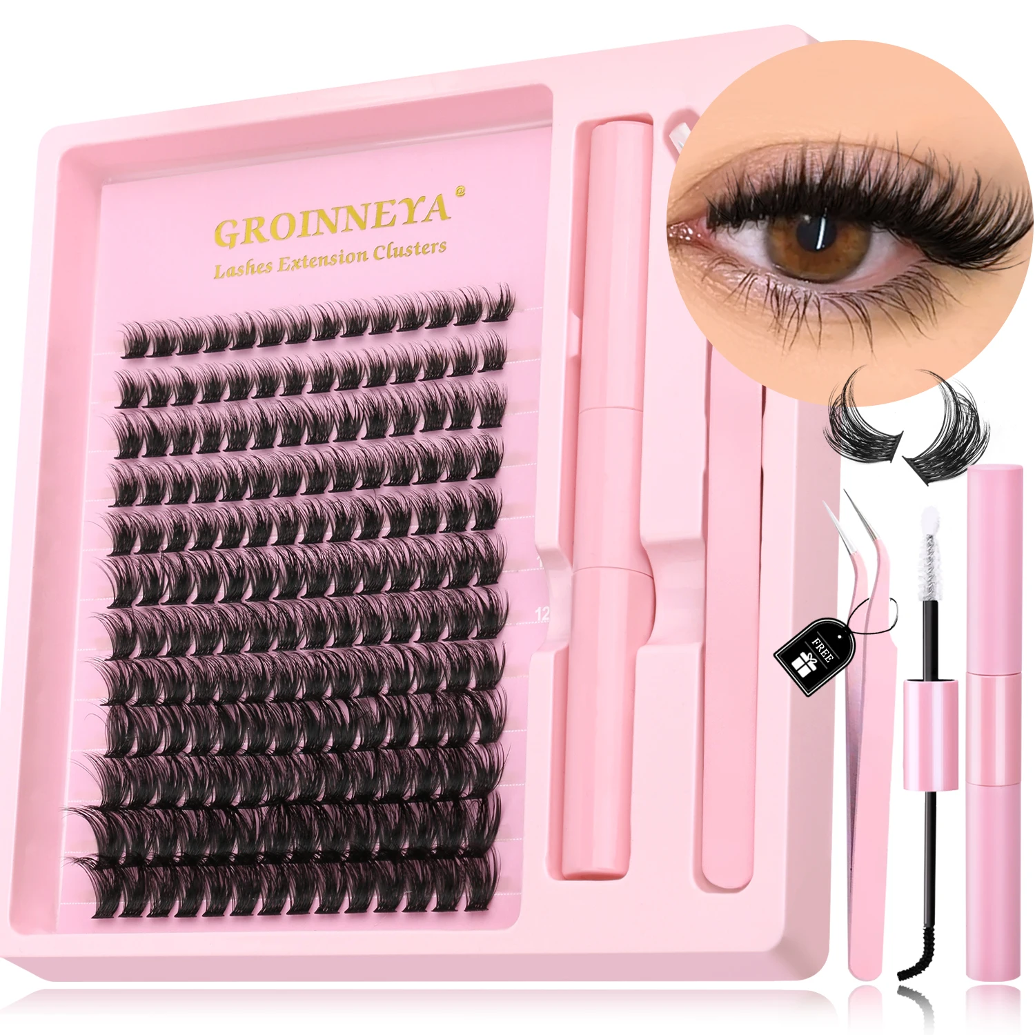 GROINNEYA DIY Wimpern-Cluster-Set, individuelle falsche Wimpern, Wispy Cluster, Nerz-Wimpernverlängerung mit Wimpernbindung und Siegel-Make-up