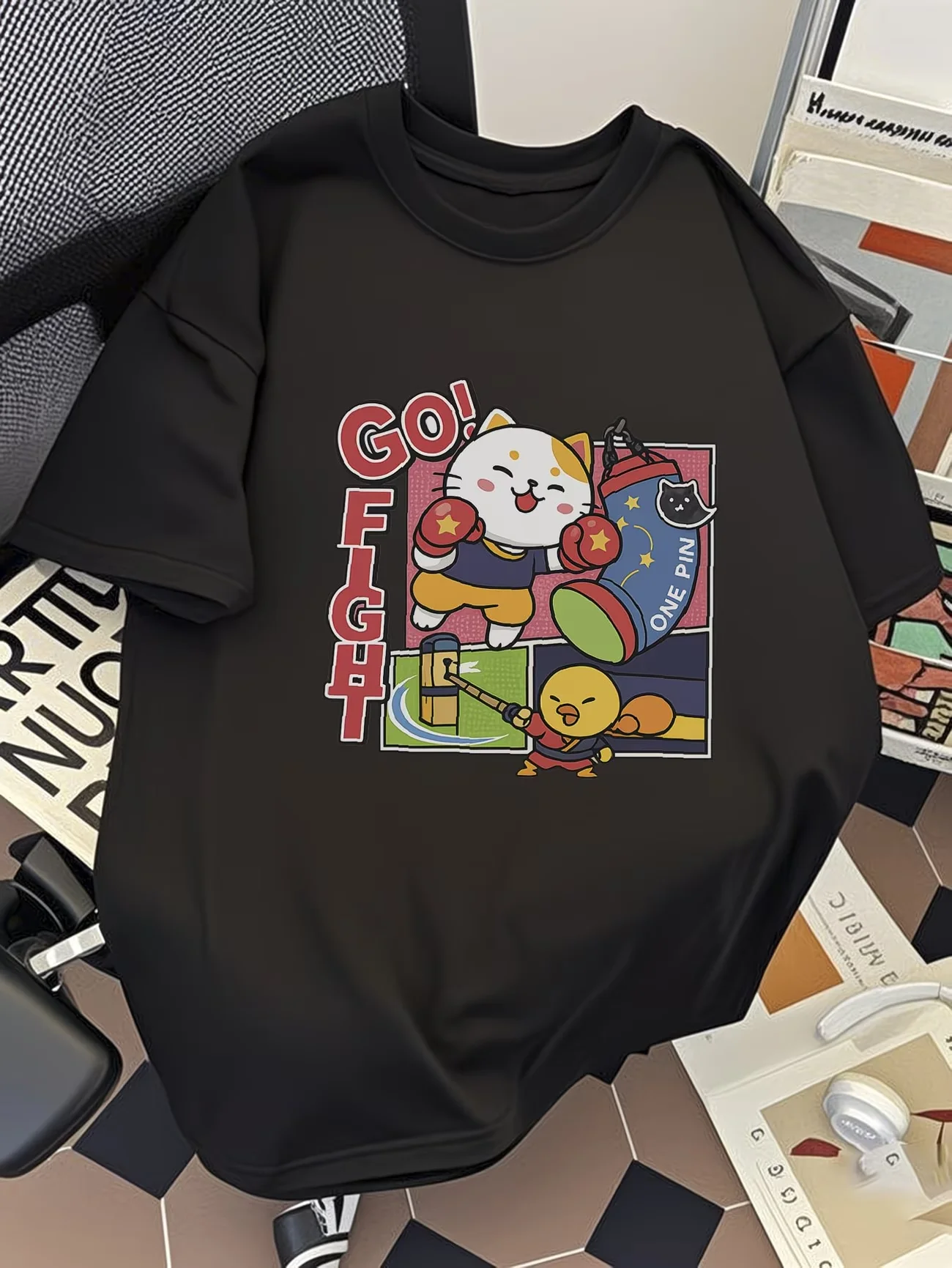 Cat Boxing Graphic T-Shirt Summer Short Sleeve Go Fight Print Loose Fit Tops Female Unisex Casual Fashion Streetwear Tee