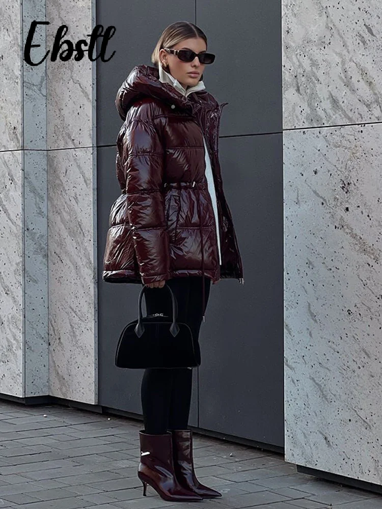 

Solid Glossy Hooded Cotton Coats Women's Warm Zippers Elastic Waist Full Sleeve Pockets Jackets 2025 Winter New Ladies Outwear