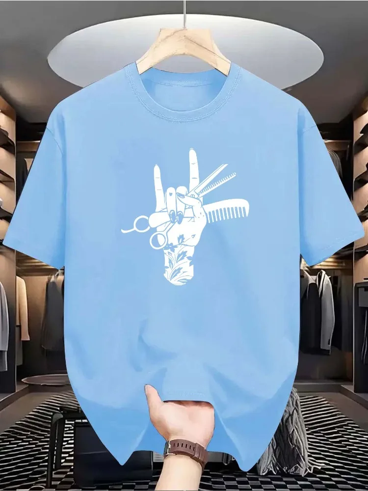 Mens Soft Cotton Tee Barber Rock Hand Scissors Comb Print Gift For Hair Stylist Salon Staff Casual Male Daily Short Sleeve Top