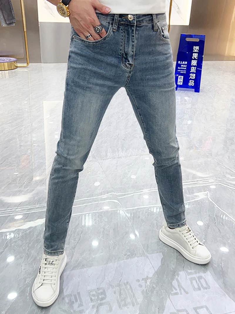 

Slim Fit Casual Jeans Men's Summer Faion Elastic Waist Pure Color Waed Denim Pants Korean Sle Small Straight Leg Trousers
