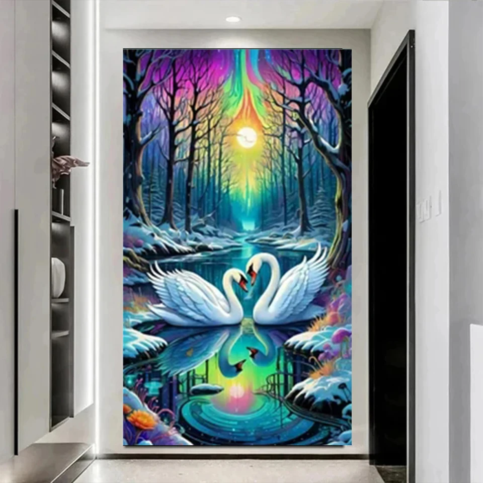 5D DIY Diamond Painting Tree People Swan Lake Full Round Diamond Mosaic Scenery Embroidery Kit Rhinestone Home Art Decoration