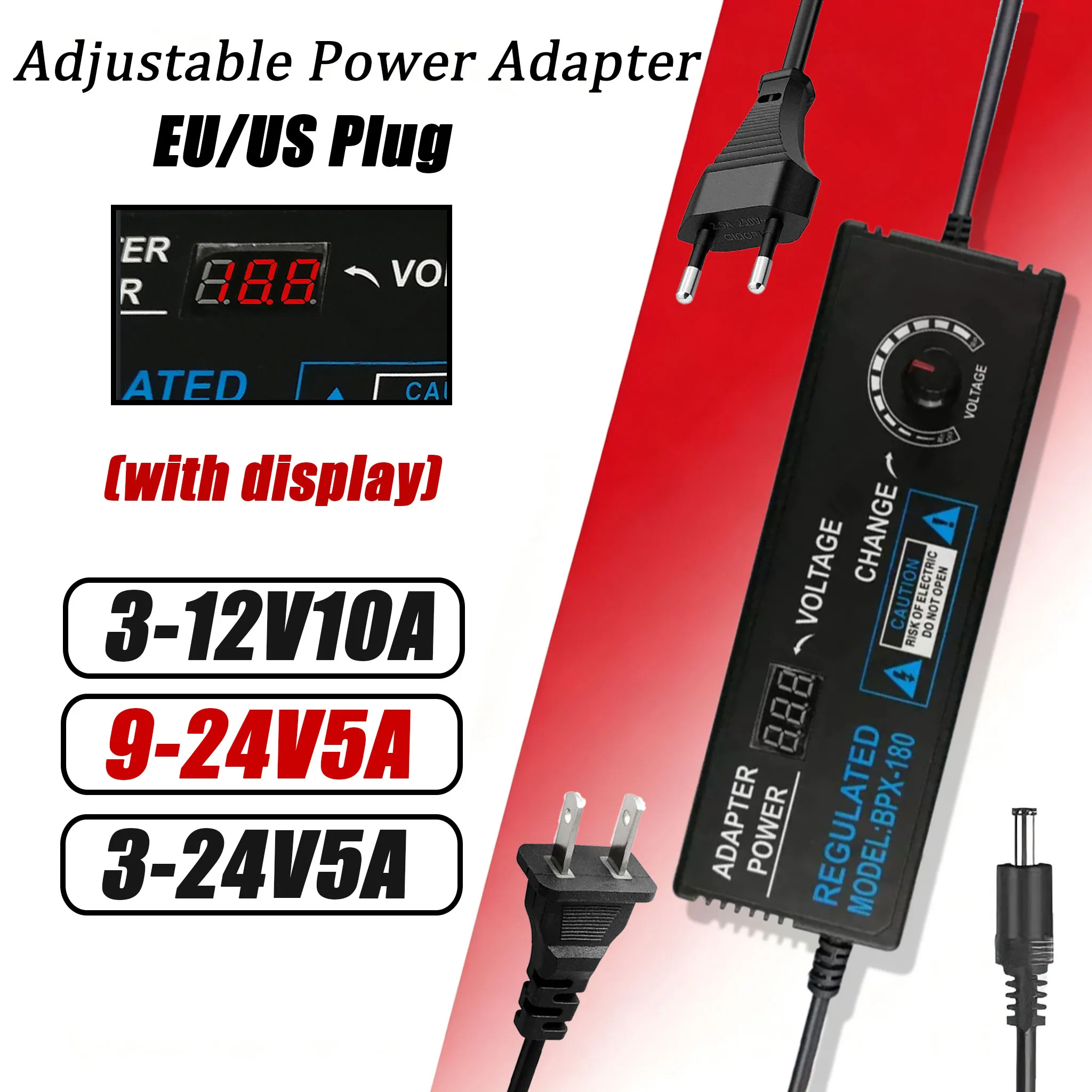 3-12V10A 3-24V5A 9-24V5A Adjustable Power Supply Adapter with Display Screen Voltage Regulated Converter EU US Universal Adapter