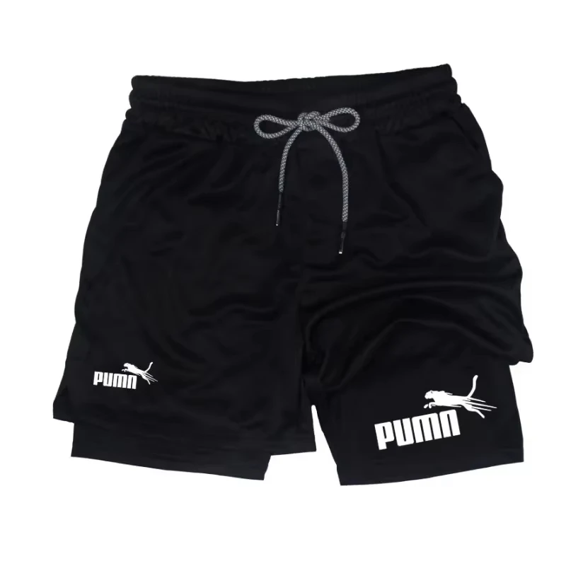 Men's summer breathable 2-in-1 double-layer compression shorts with quick drying phone bag and towel ring for outdoor fitness