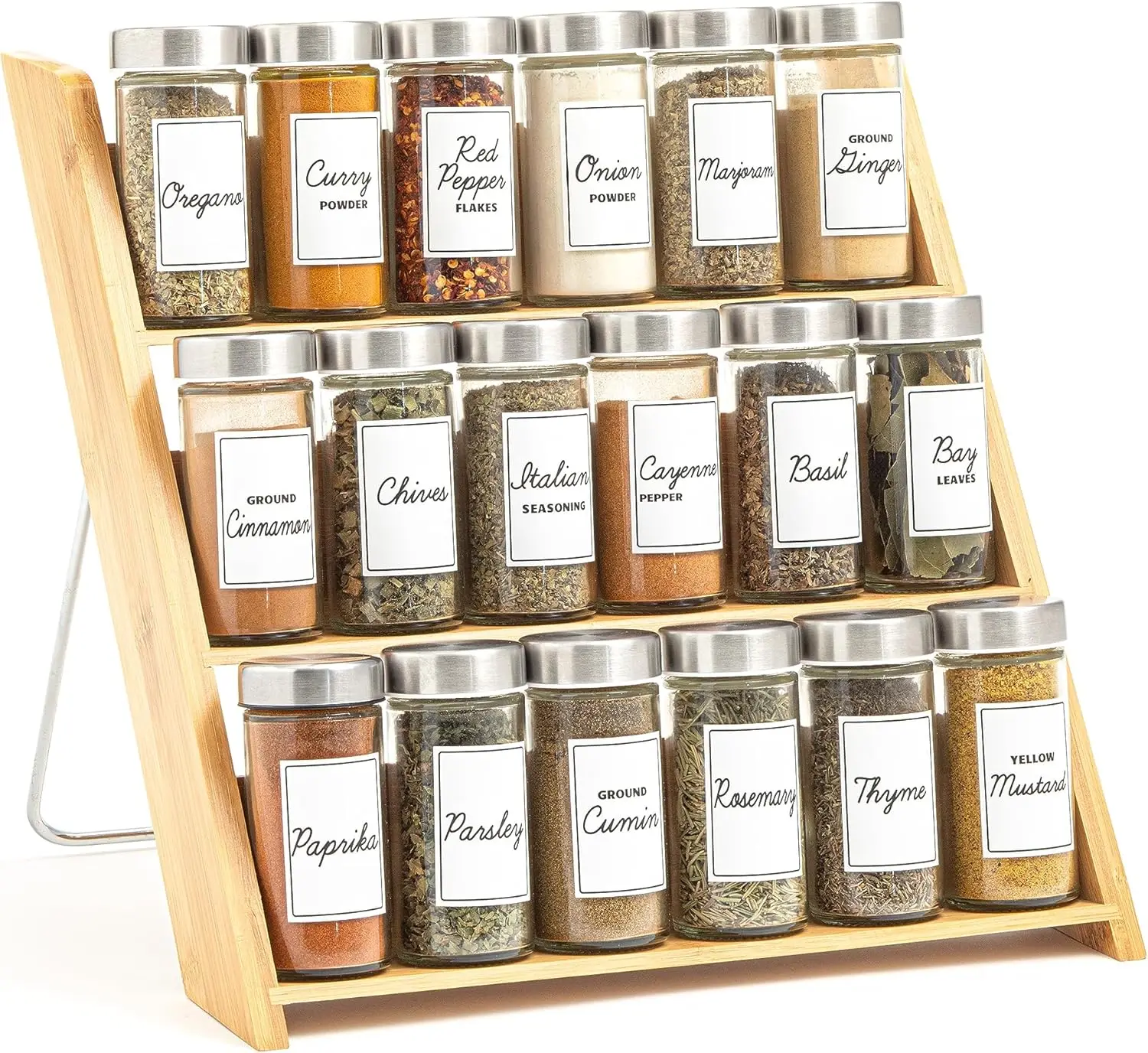 

18 Jar Bamboo Compact Spice Organizer for Countertop and Kitchen Drawer, Filled with Spices, Program
