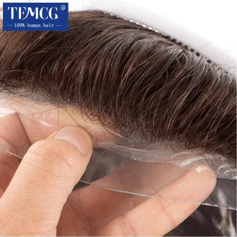 얇은 피부 천연 모발 Toupee 남성용 100% 가발 교체 시스템, 모세관 보형물, 남성 가발, 0.03mm