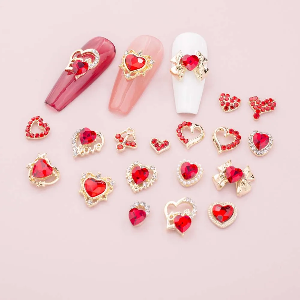 10pcs Valentines Day Design Nail Art Charm 3D Red Heart Gem with Crystal Diamond Nail Decoration DIY Shiny Gem Nail Accessories