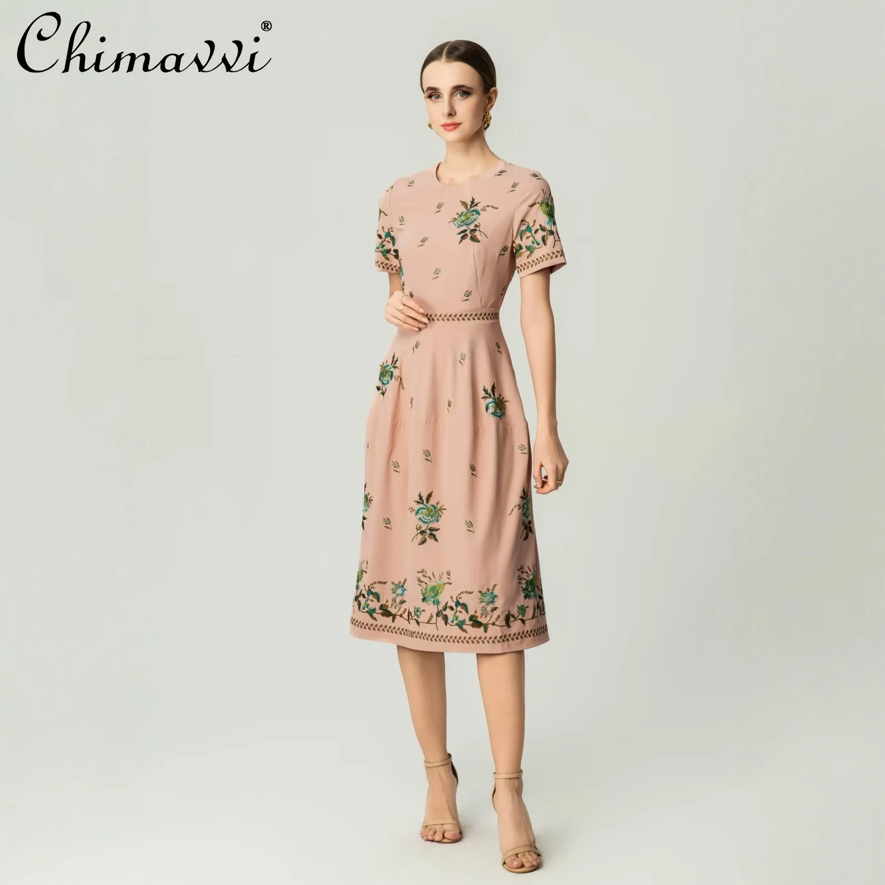 

French Elegant Fashion Socialite Crew Neck Short Sleeve Embroidered Flower High Waist A-line Long Evening Dress For Women Summer