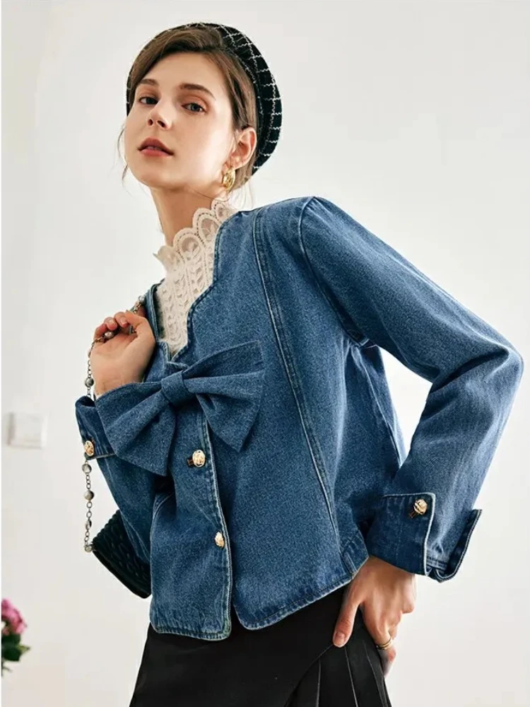 

OLrain Denim Women's Jackets Cotton 2025 Autumn Vintage Petal Collar Bow Metal Button Long Sleeve Outerwear O22QW65202