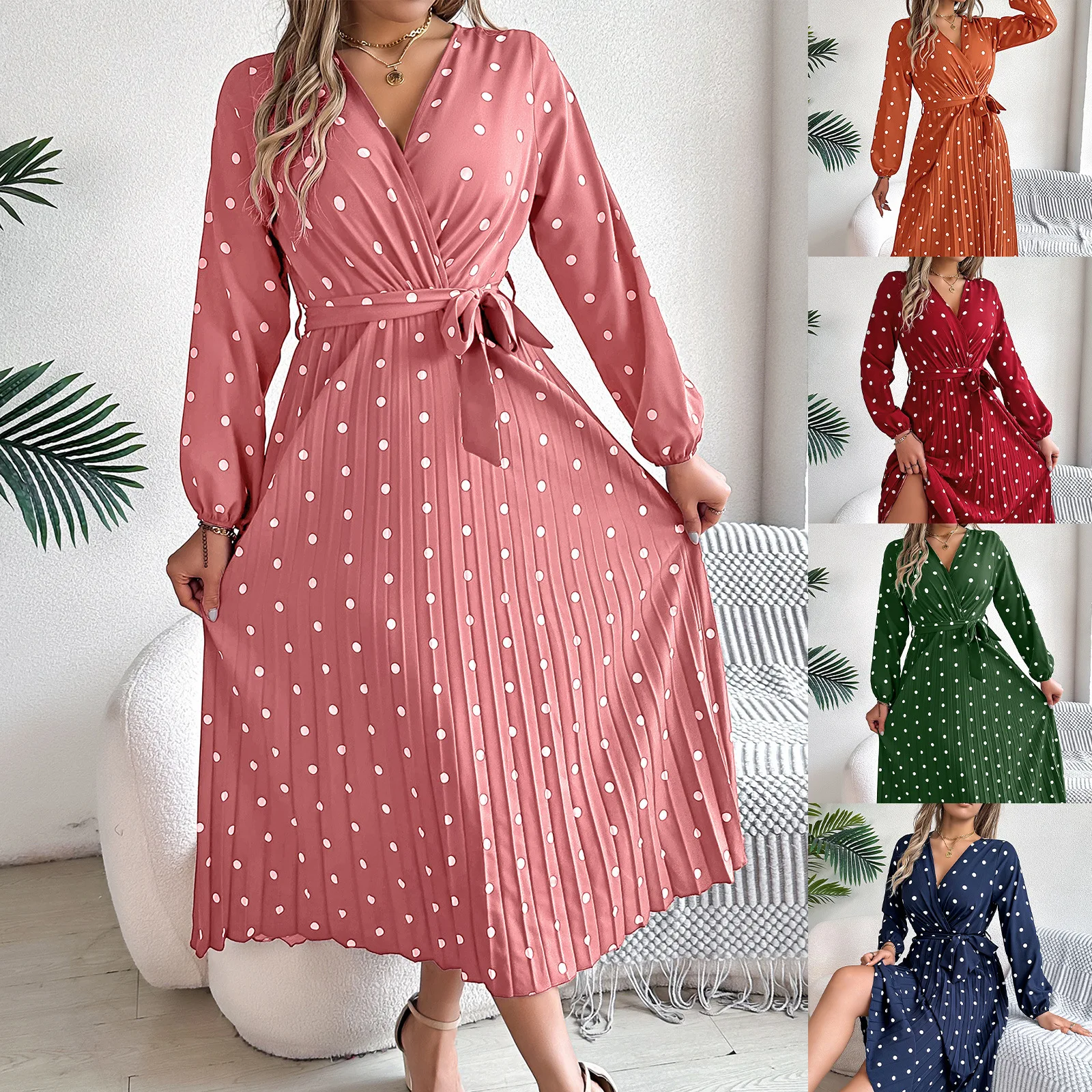 Autumn and Winter Elegant Contrasting Polka Dots Cross V-neck Pleated Long Dress Womens Clothing